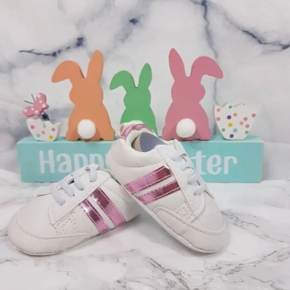 NEW Baby Sneakers White Metallic Pink Stripes